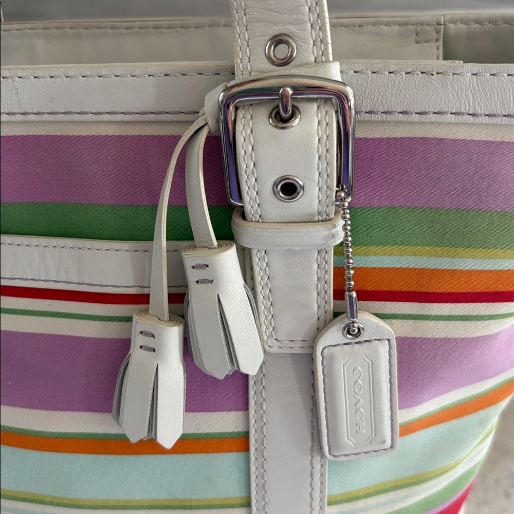Coach Y2K 2007 Hampton Multi-Color Stripe Medium Canvas/ Leather Tote F10705 - Picture 5 of 15